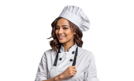 smiling female chef in apron and hat looking at camera isolated on whiteの素材