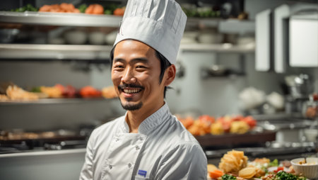 Chef preparing food in the kitchen of a modern hotel or restaurantの素材