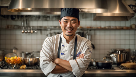 Chef preparing food in the kitchen of a modern hotel or restaurantの素材