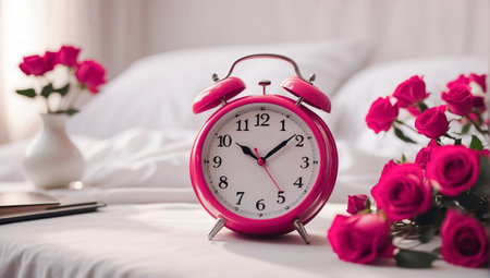 Alarm clock and roses in vase on bed. Valentine's day conceptの素材
