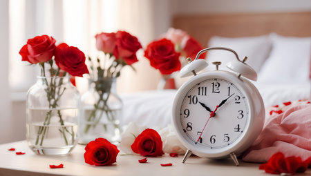 Alarm clock and roses in vase on bed. Valentine's day conceptの素材