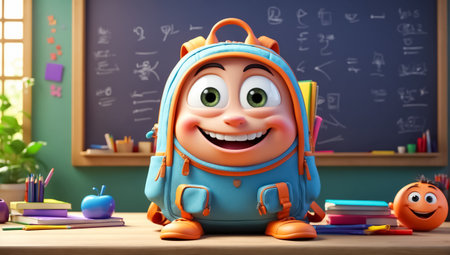 Back to school concept. Cute backpack and toys on the floor. 3d renderingの素材