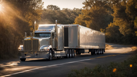Truck on the highway at sunset. Concept of transportation and logisticsの素材