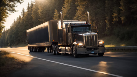 Truck on the highway at sunset. Concept of transportation and logisticsの素材