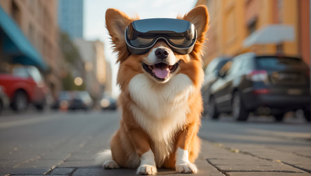 Cute corgi dog in a virtual reality glasses on the streetの素材