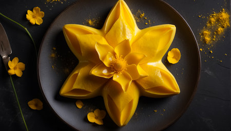Cup of tea and star shaped cake on black background, top viewの素材