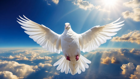 White dove flying in the blue sky with sun rays and clouds.の素材