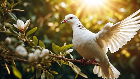 White dove on a tree branch in the rays of the setting sunの素材