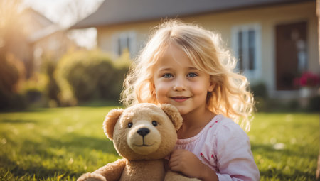 selective focus of cute little girl holding teddy bear and smiling at cameraの素材