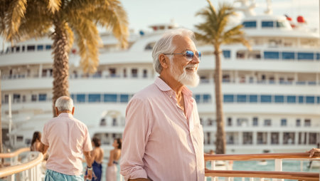 Portrait of happy senior man in sunglasses and turquoise t-shirt standingof yachtの素材