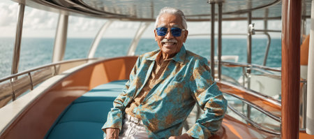 Portrait of happy senior man in sunglasses and turquoise t-shirt standingof yachtの素材