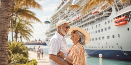 Senior couple traveling together on a cruise ship. Elderly people on vacation.の素材