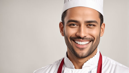 happy indian chef in white uniform smiling at camera isolated on greyの素材