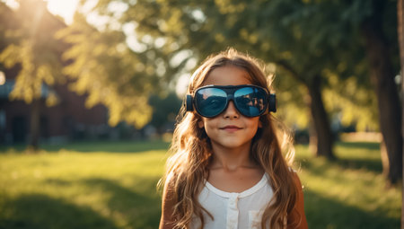 portrait of smiling child in aviator glasses looking at camera outdoorsの素材