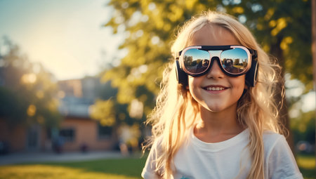 portrait of smiling child in aviator glasses looking at camera outdoorsの素材