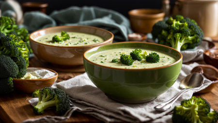 Broccoli cream soup in a rustic bowl on a dark background.の素材