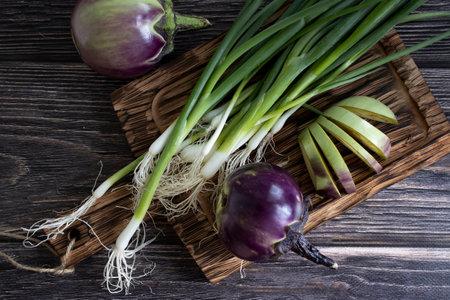 Sliced raw eggplant on a kitchen boardの写真素材