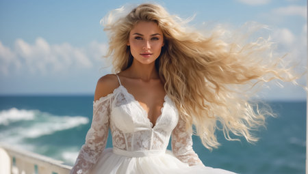 Beautiful girl in white wedding dress on the beach. Bride in white wedding dress on the beach.の素材