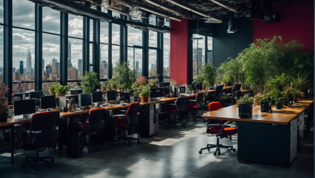 Modern coworking office interior with panoramic window and city viewの素材