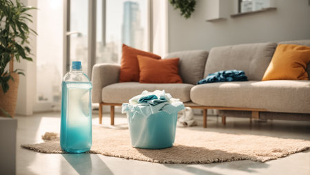 Bucket with detergent and rag on floor in modern living roomの素材