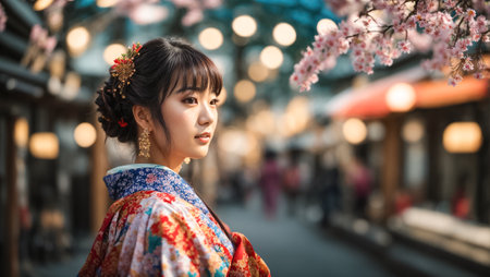 Beautiful asian woman wearing kimono walking in the cityの素材