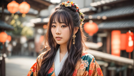 Beautiful asian woman wearing kimono walking in the cityの素材