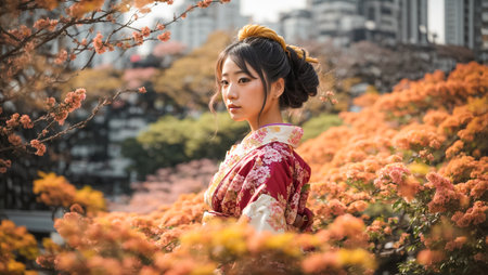 Beautiful asian woman wearing kimono walking in the cityの素材