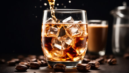 Whiskey with ice and coffee beans on a dark background.の素材