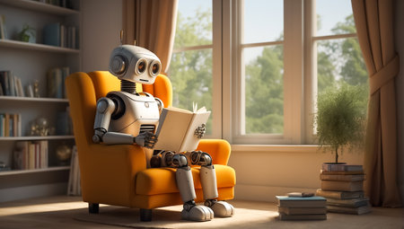 Robot sitting in armchair and reading a book. 3d illustration.の素材