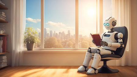 Robot sitting in armchair and reading a book. 3d illustration.の素材