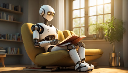 Robot sitting in armchair and reading a book. 3d illustration.の素材