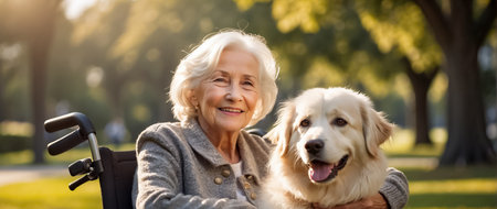 panoramic shot of happy senior woman in wheelchair with dog in parkの素材