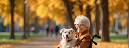 panoramic shot of happy senior woman in wheelchair with dog in parkの素材