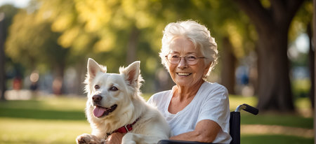 panoramic shot of happy senior woman in wheelchair with dog in parkの素材