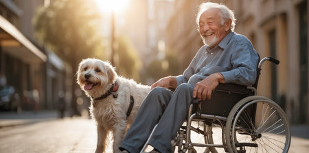 Elderly man in a wheelchair with his dog in the parkの素材