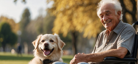 Elderly man in a wheelchair with his dog in the parkの素材