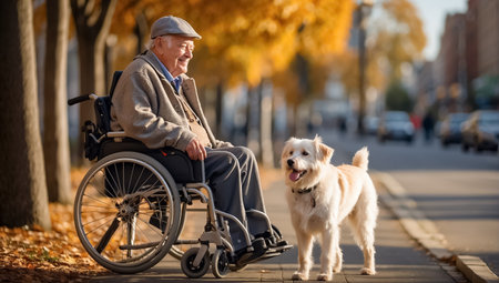 Elderly man in a wheelchair with his dog in the parkの素材