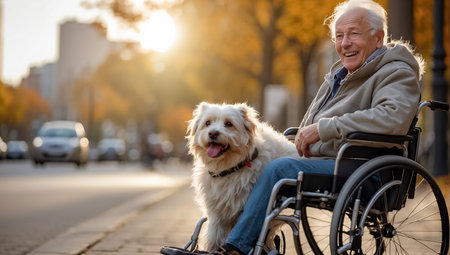 Elderly man in a wheelchair with his dog in the parkの素材