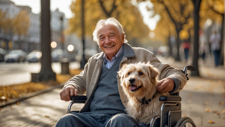 Elderly man in a wheelchair with his dog in the parkの素材