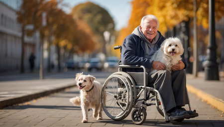 Elderly man in a wheelchair with his dog in the parkの素材