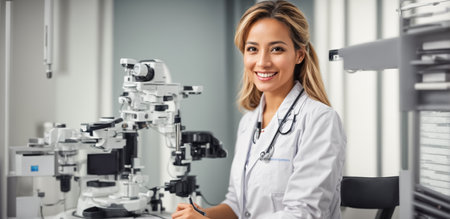 Portrait of smiling female doctor in eyeglasses standing in officeの素材