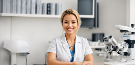 Portrait of smiling female doctor in eyeglasses standing in officeの素材