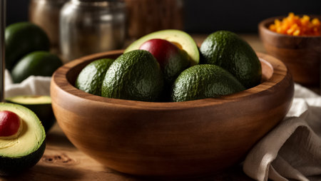 Wooden box with fresh ripe avocados on table, closeupの素材