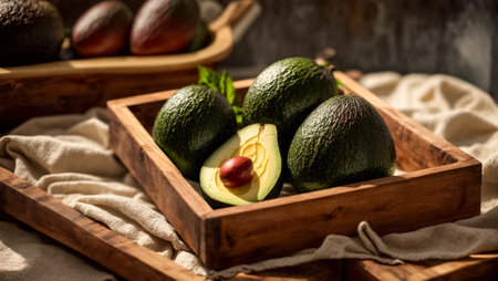 Wooden box with fresh ripe avocados on table, closeupの素材