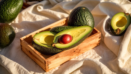 Wooden box with fresh ripe avocados on table, closeupの素材