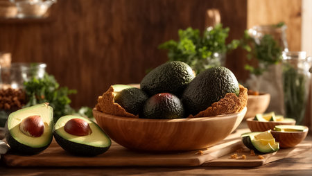 Wooden box with fresh ripe avocados on table, closeupの素材