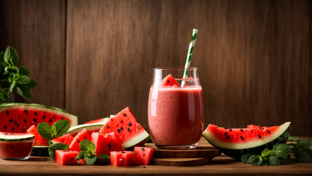 Glass of watermelon smoothie with mint and watermelon on wooden backgroundの素材