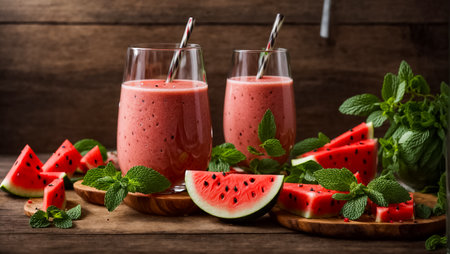Glass of watermelon smoothie with mint and watermelon on wooden backgroundの素材