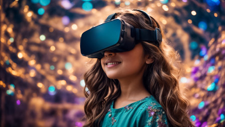 Little girl in virtual reality glasses on the background of a garland.の素材