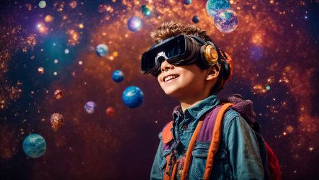 Little boy wearing virtual reality goggles in the garden. Future technology concept.の素材